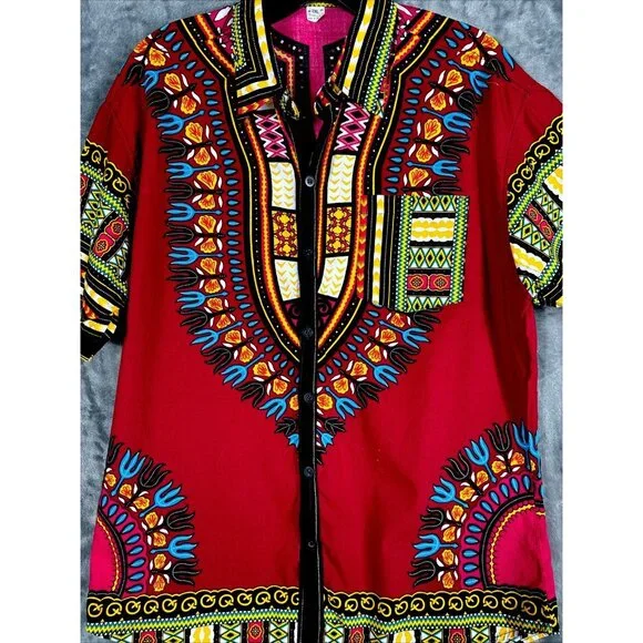 African Fabrics Floral Red Yellow Blue Indigo Stylish Top Blouse Women 2 X-Large - Picture 3 of 15